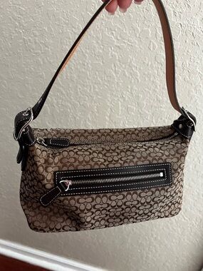 Brown Signature Print Shoulder Bag with Front Zip Pocket